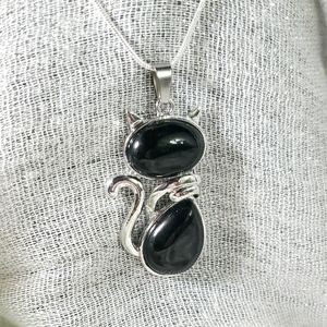 Black Obsidian Cat Pendant and SS Chain
